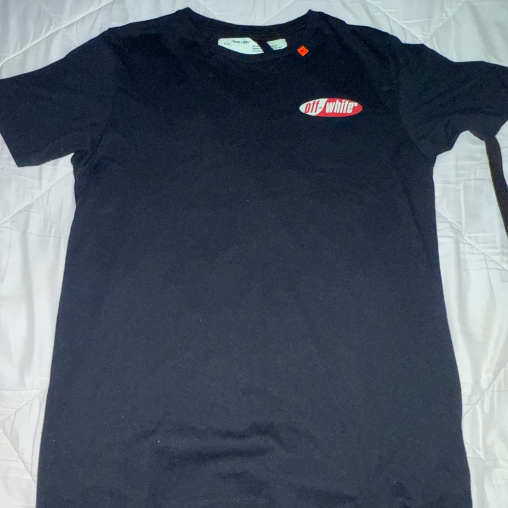 Off-White Navy Tee with Red Logo